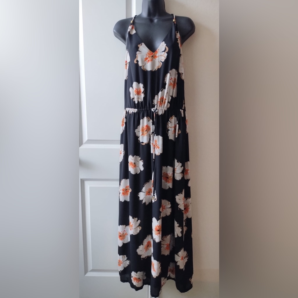 Ivanka Trump Women’s Long Dress, Spaghetti Straps, Black, Floral,Tie Waist Sz12